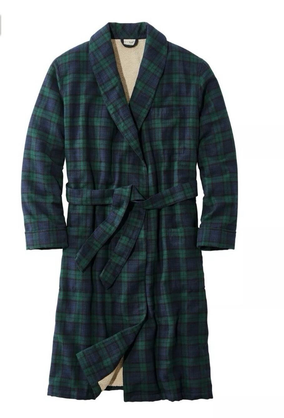 LL Bean Plaid Flannel Robe Sherpa Lined Belted Cabincore Lounge Grandpa Large
